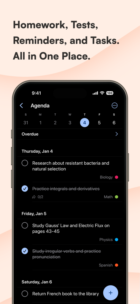 School Planner & Timetable - iPhone screen showing an agenda with homework and study tasks organized by date and color coded by subject