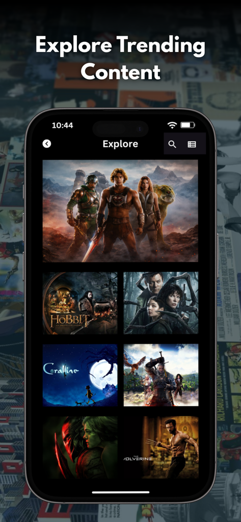 Mobile app interface showing trending movie and TV show posters in the Explore section