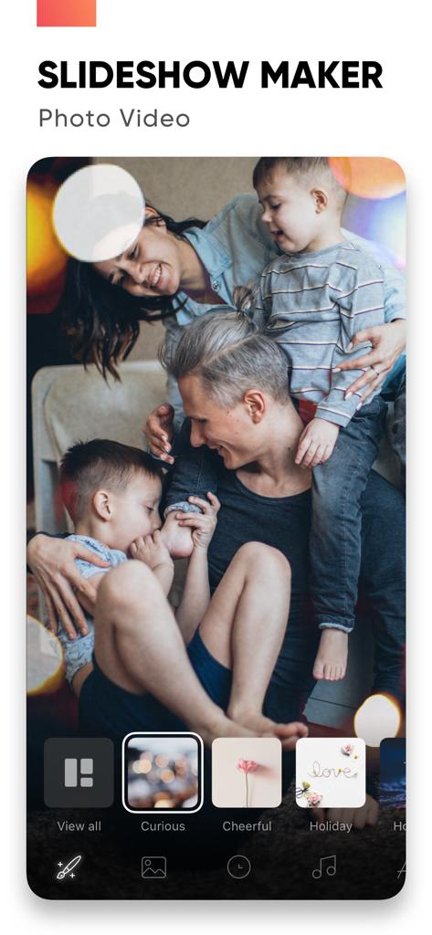 Slideshow Maker app interface featuring a family photo and different video mood themes