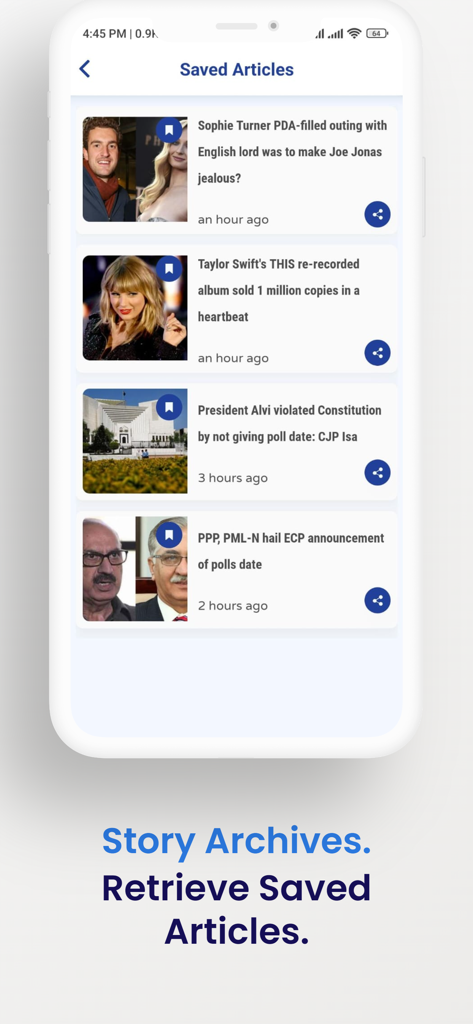 Captura de tela da tela de Artigos Salvos no aplicativo Geo News Official exibindo uma lista de histórias de notícias arquivadas para leitura offline.