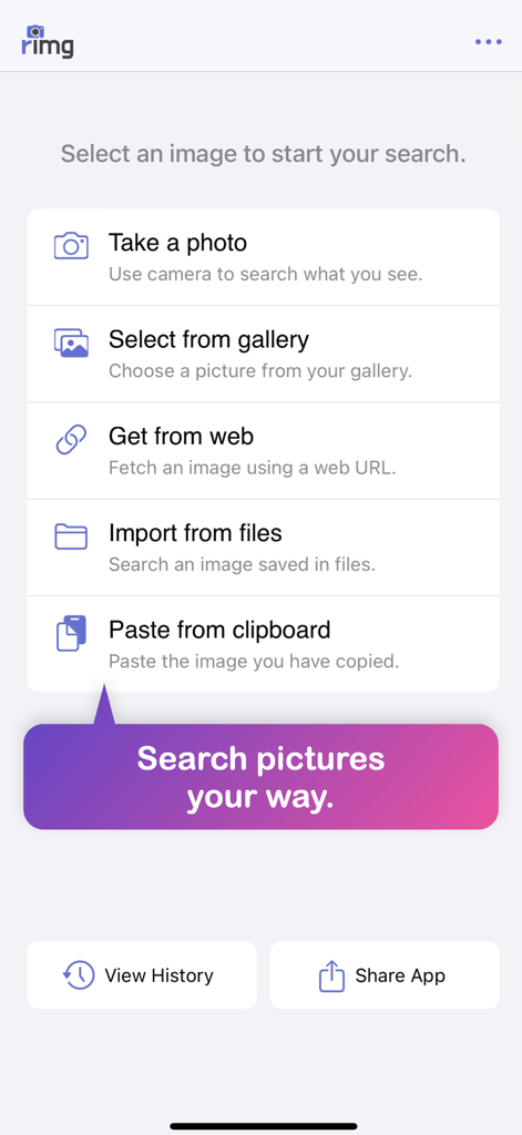 Reverse Image Search – RIMG - RIMG app interface showing various ways to start a reverse image search including camera gallery and clipboard