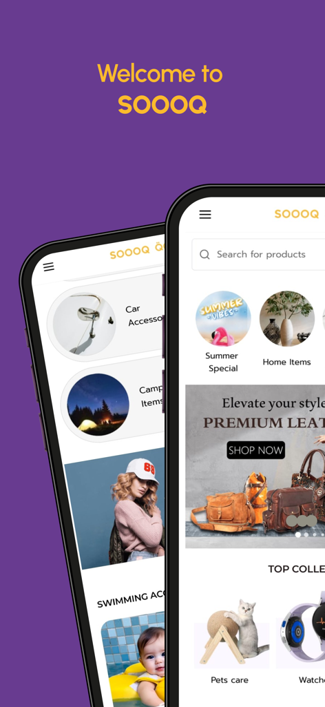 SOOOQ - For a Life Full of Joy - Interface of the SOOOQ shopping app showing product categories for home, pets, and summer specials.