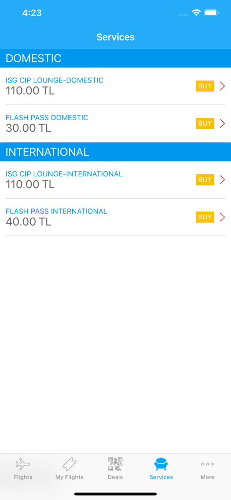 Sabiha Gökçen - Der Service-Bildschirm der Sabiha Gokcen App zeigt die Preise für CIP-Lounges im Inland und Ausland sowie für den Flash-Pass-Zugang an.