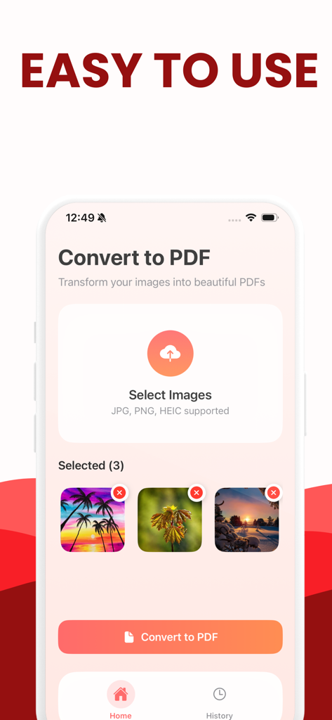 JPG to PDF: Convert Picture to - Una interfaz móvil que muestra la pantalla de conversión de JPG a PDF con tres imágenes seleccionadas y un botón de convertir.