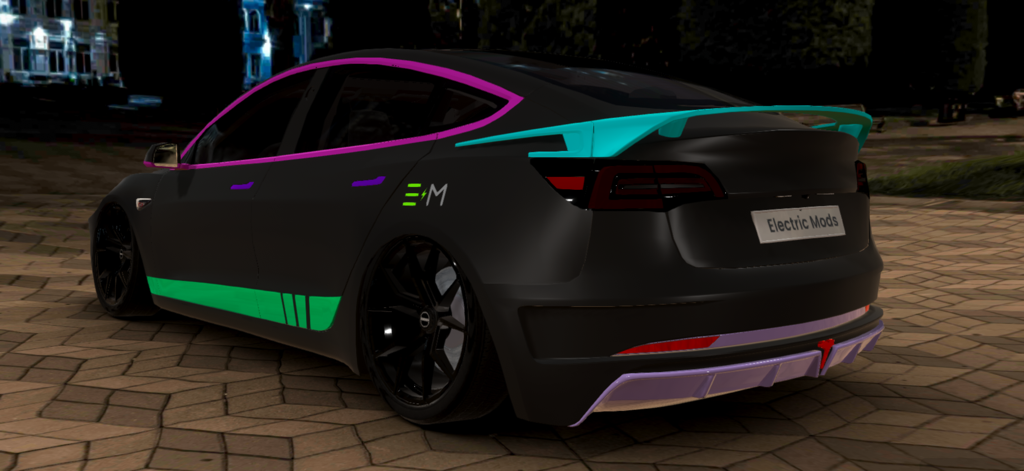 Electric Mods:EV Design Studio - A black electric vehicle with colorful neon accents customized in the EV Design Studio app