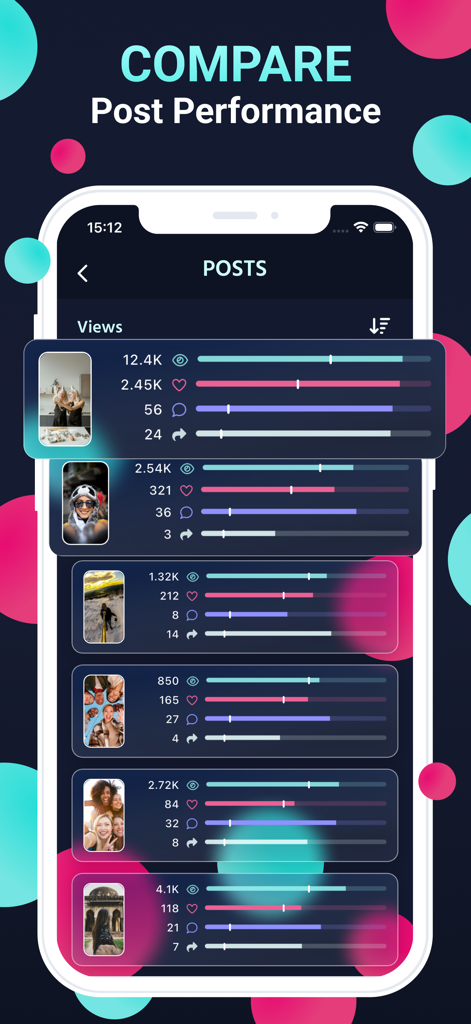 TrackTok: Tik Follower & Likes - Une vue comparative dans l'application TrackTok montrant les métriques de performance telles que les vues, les likes et les partages pour plusieurs publications TikTok
