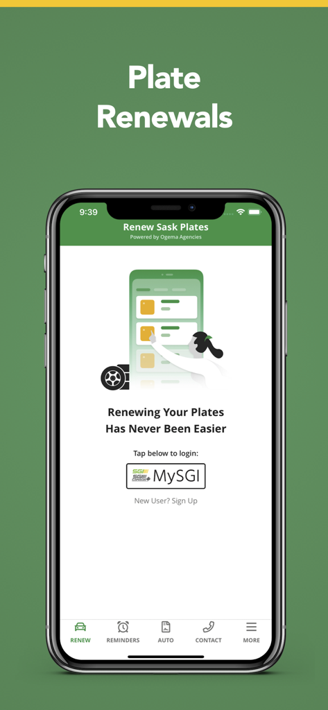 Renew Sask Plates - The Renew Sask Plates mobile app interface showing the MySGI login screen for Saskatchewan vehicle registration renewals