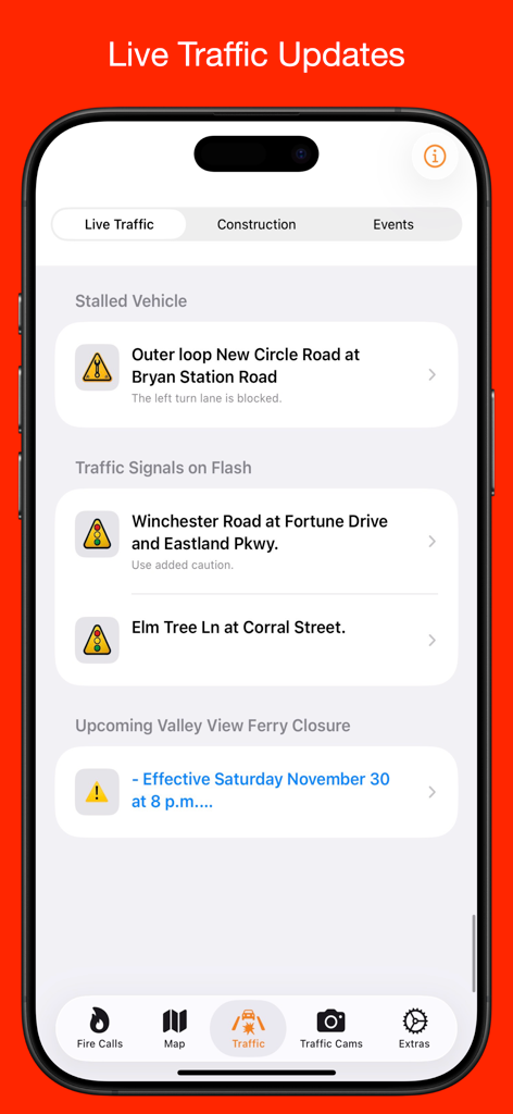 DriveLex - DriveLex app interface showing live traffic updates including stalled vehicles and traffic signal alerts in Lexington Kentucky