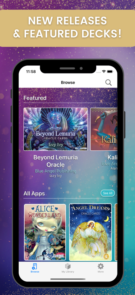 Beauty Everywhere Oracle Cards - Mobile app interface for Beauty Everywhere Oracle Cards showing a collection of spiritual and wellness decks like Beyond Lemuria and Angel Dreams.
