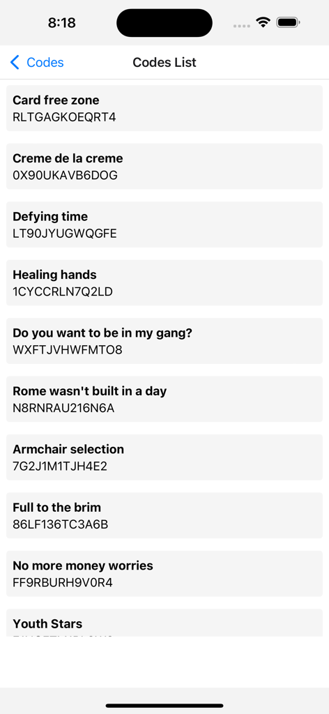 LMA Manager Hub - A screen showing a list of unlockable cheat codes for LMA Manager 2007 including codes for money and youth stars.
