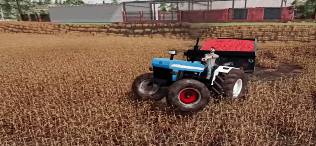 Cargo Tractor Simulator Driver - A blue tractor pulling a trailer filled with red cargo through a harvested field
