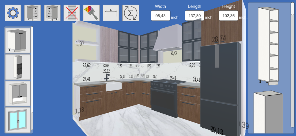 3D kitchen design interface with custom cabinet modules and dimensions in inches