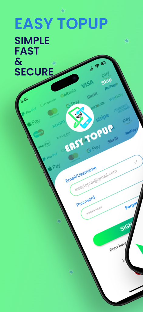 Easy Topup: Mobile Recharge - Login screen of the Easy Topup app showing various payment methods like Visa and Apple Pay
