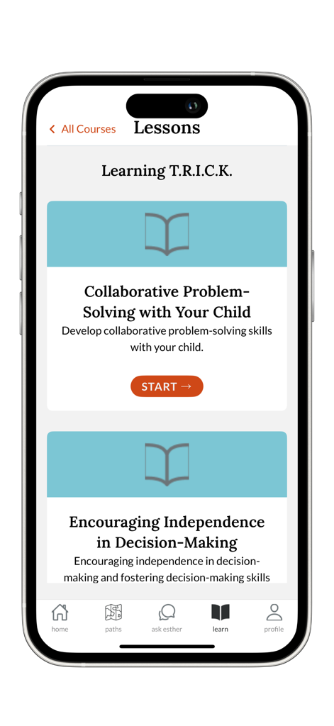 Parenting TRICK - Lessons screen of the Parenting TRICK app showing modules for collaborative problem solving and independence