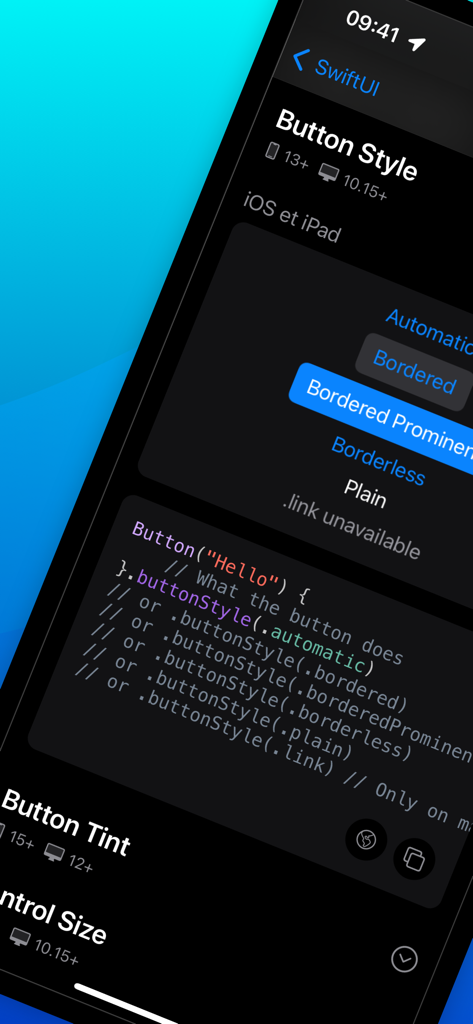 SwiftUI button style code snippet and UI preview inside the Swifter developer app