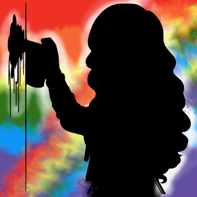 realistic girl with mask spray painting a wall