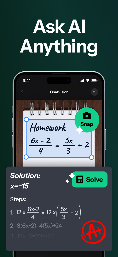 ChatVision - AI Chatbot Expert - ChatVision AI app solving a handwritten math equation from a photo of a notebook