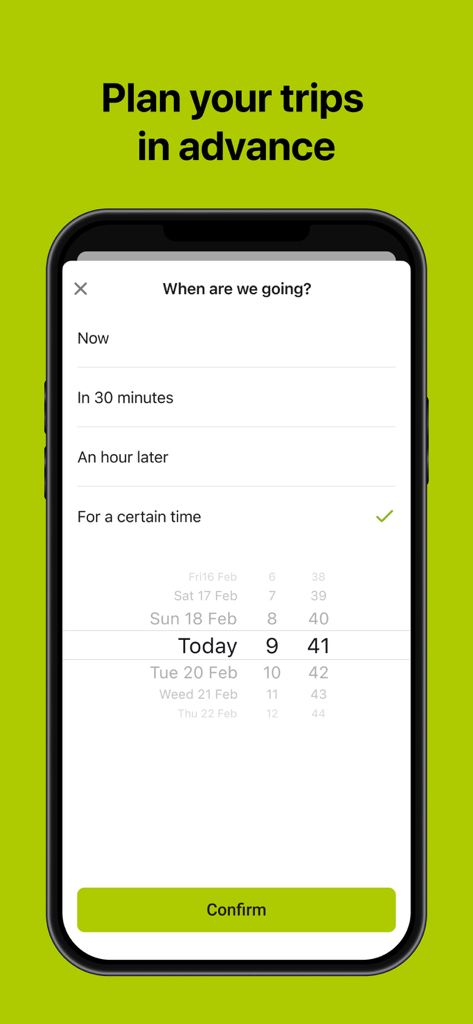 Opti (Такси 579) - Interface of Opti taxi app allowing users to plan and schedule rides for a specific time and date