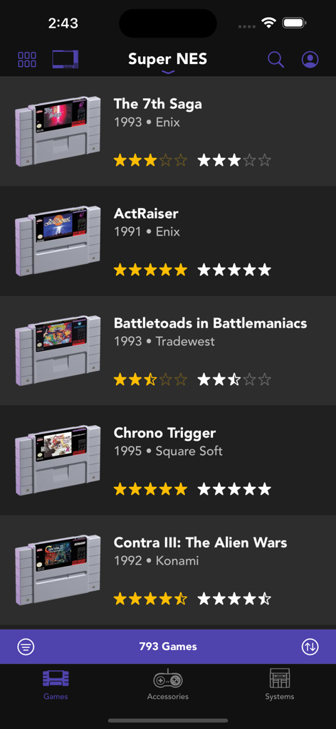 A list of Super NES games featuring 3D cartridge art and community ratings in the Ultimate Game Guide app