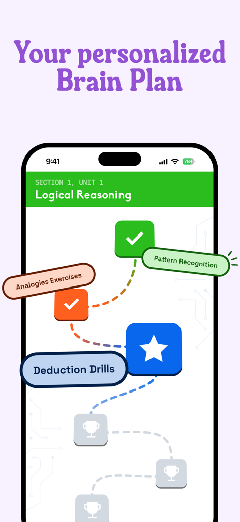 Simbo - IQ & Brain Training - Simbo app interface showing a personalized brain training roadmap with logical reasoning and pattern recognition exercises