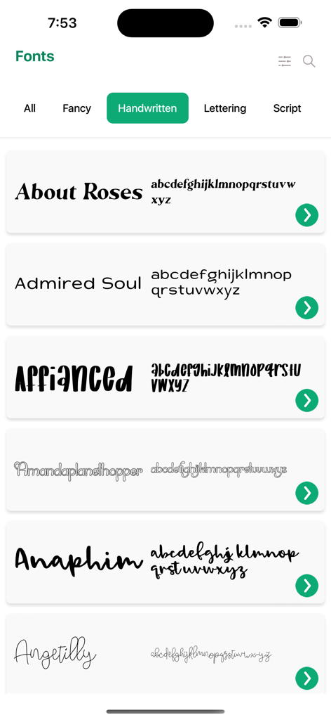 A mobile interface displaying a selection of handwritten fonts like About Roses and Admired Soul in the Fonts for DIY Space app.