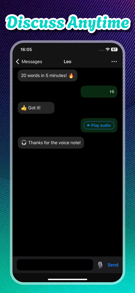 Cmate app chat screen showing a messaging interface with text and voice notes for social language learning.
