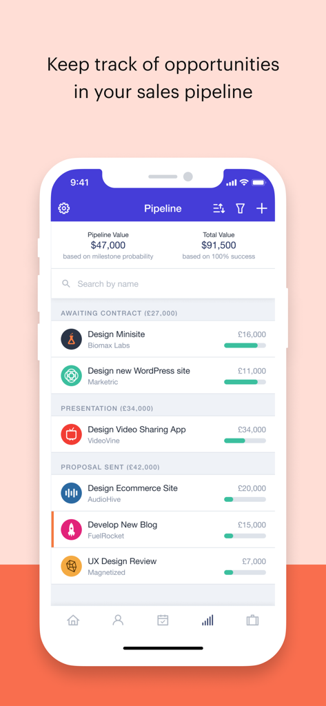 La interfaz de la aplicación móvil Capsule CRM muestra un embudo de ventas visual con valores de proyecto y estados.