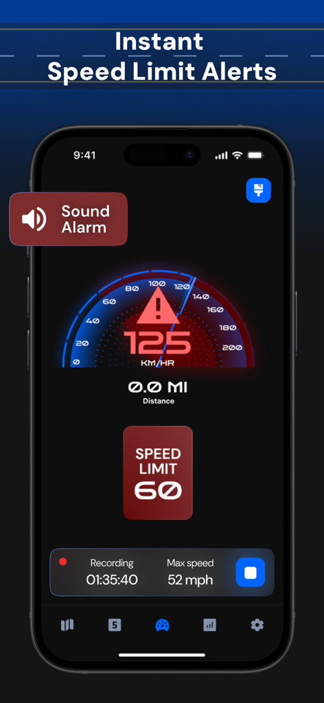 GPS Speedometer HUD Tracker - GPS speedometer interface showing an instant speed limit alert and sound alarm.