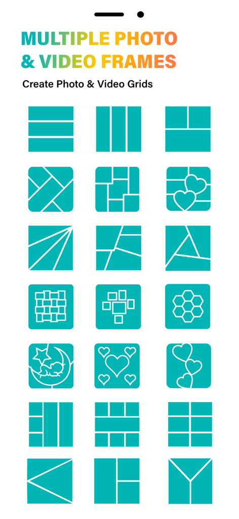 Uma seleção de vários modelos de grade de fotos e vídeos em cores verde-água.