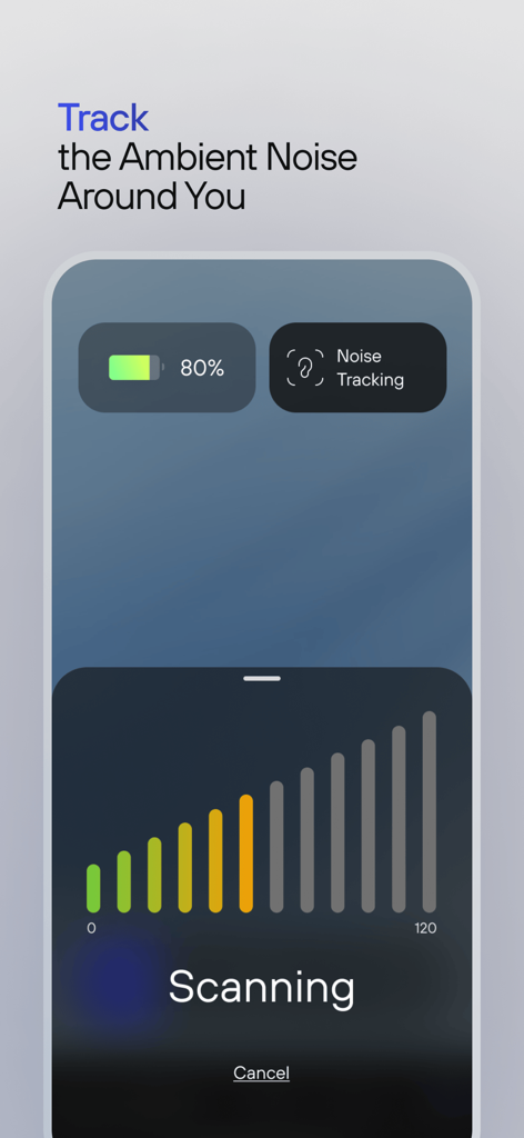 Nuance Audio app interface showing ambient noise tracking with a sound level bar graph and battery status