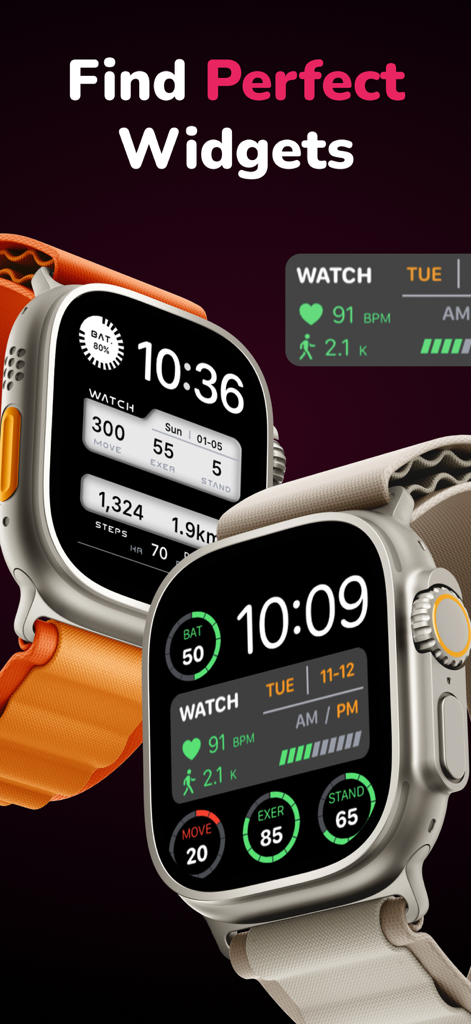 Watch Faces & Wallpapers - Two Apple Watch Ultra devices displaying custom watch faces with health and activity widgets.