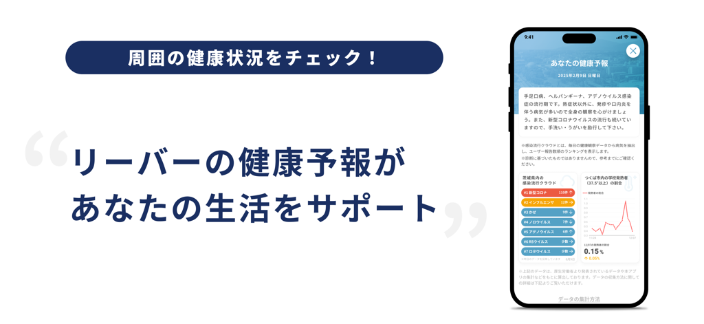 Smartphone showing the LEBER app health forecast screen with local infectious disease trends and fever tracking graphs