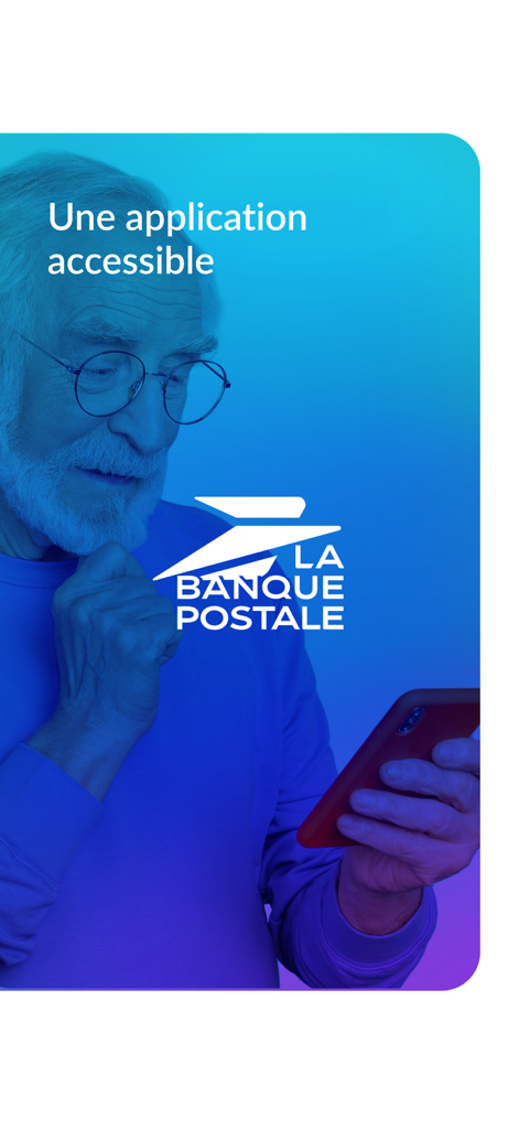 An elderly man using the La Banque Postale mobile banking application on his smartphone.