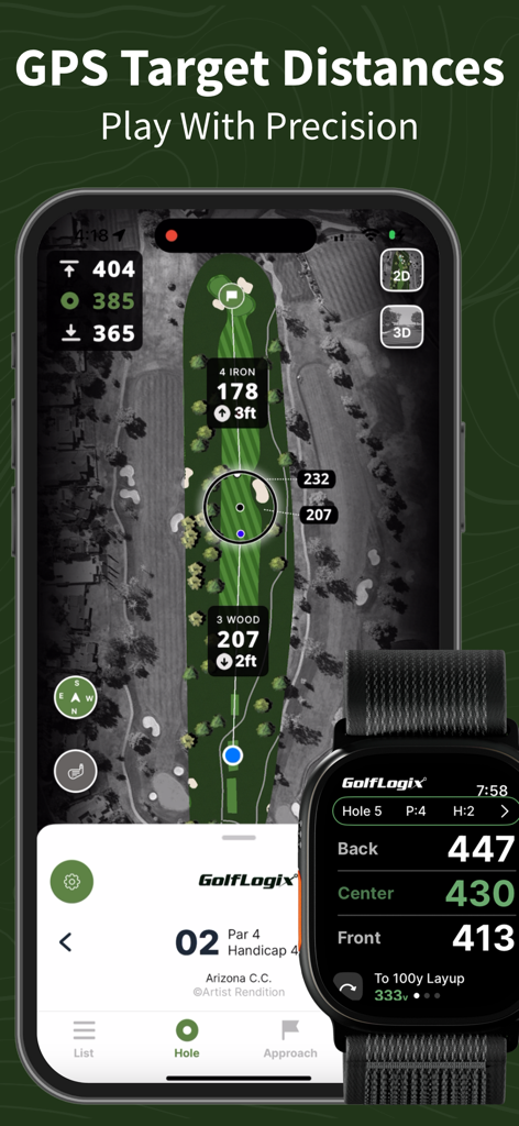 GolfLogix: 3D Golf Course GPS - GolfLogix app displaying GPS target distances and course mapping on iPhone and Apple Watch