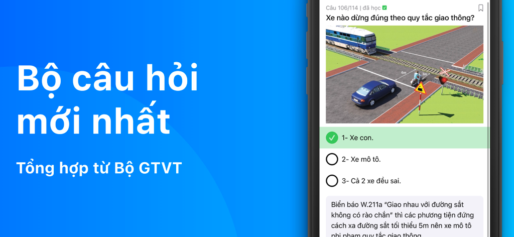 600 Câu Lý Thuyết GPLX OTOMOTO - App screen showing a Vietnamese traffic law question regarding vehicles at a railway crossing