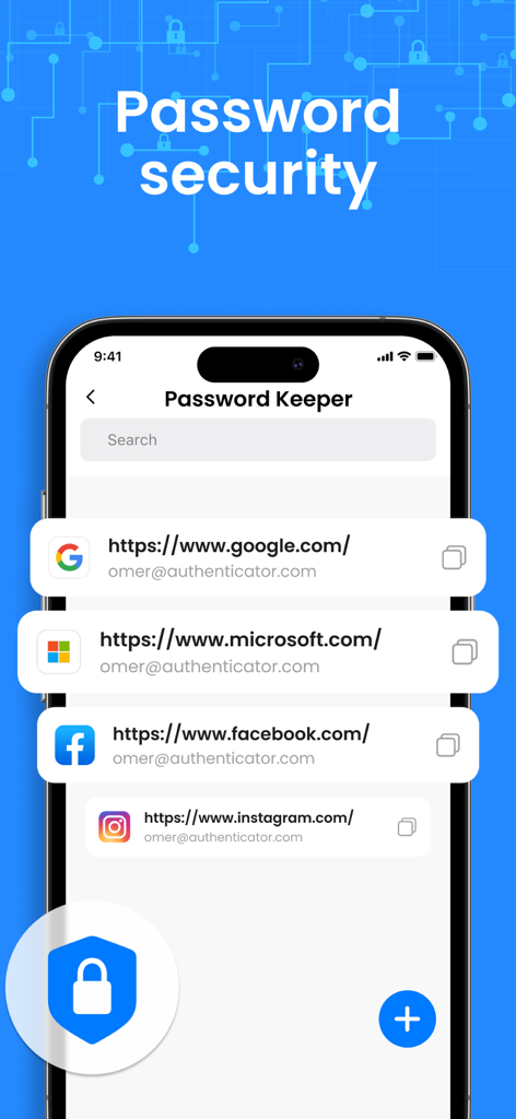 Authenticator App : Scan & 2FA - A smartphone screen displaying the Password Keeper feature with a list of secured accounts for Google Microsoft and Facebook