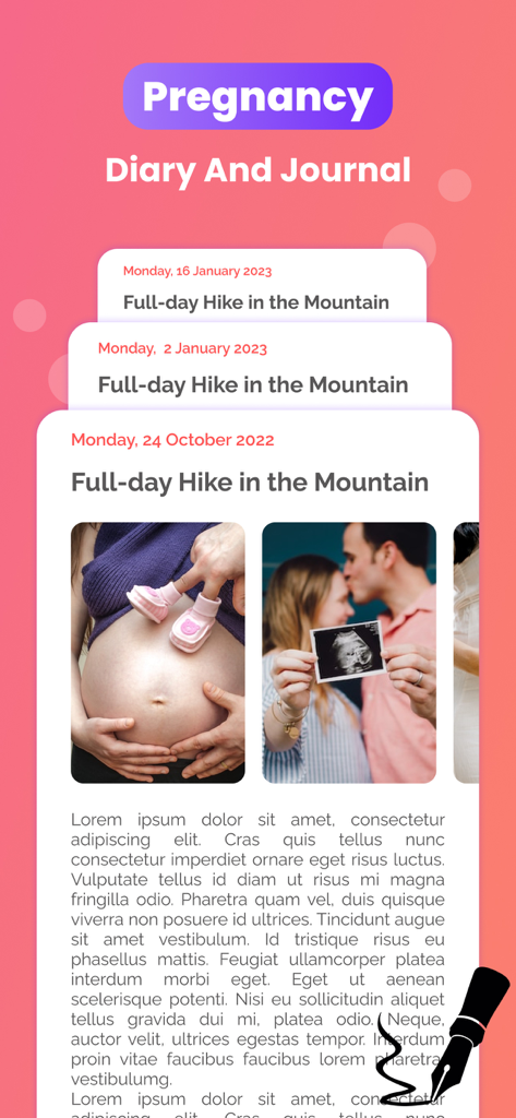 My Baby Heartbeat Monitor App - Interfaz de diario y agenda digital de embarazo que muestra entradas fotográficas de una barriga de bebé y una ecografía