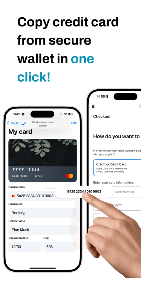 Card Holder: Wallet & Loyalty - User copying credit card details from Card Holder app to an online checkout page