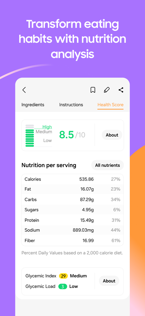 Samsung Food app screen showing a detailed health score and nutrition analysis for a recipe.