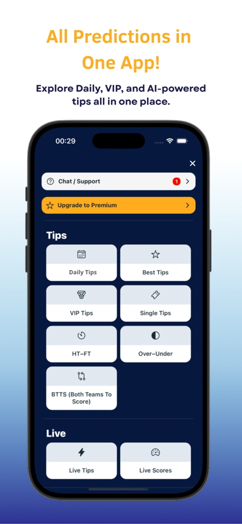 Menu principal do aplicativo Betting Tips AI Predictions mostrando categorias como Dicas Diárias, Dicas VIP e Placares ao Vivo em um fundo azul escuro.