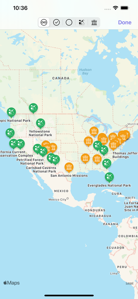USA Travel: I've Been in US - Un mapa digital que muestra pines para parques nacionales y sitios del patrimonio visitados en los Estados Unidos.