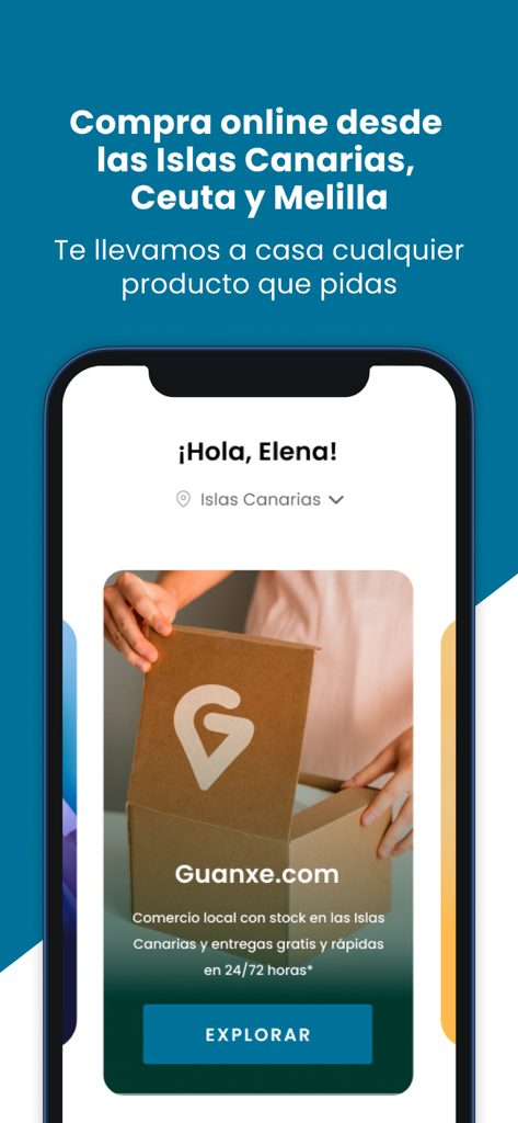 Pantalla de la aplicación móvil Guanxe que muestra opciones de compra y servicio de entrega rápida para las Islas Canarias