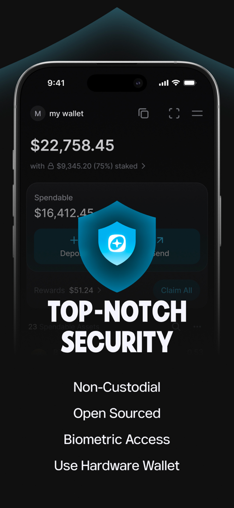 Keplr - Crypto Wallet - Keplr Crypto Walletのインターフェース。非カストディアルストレージ、オープンソースコード、生体認証アクセス、ハードウェアウォレットサポートなどの最高レベルのセキュリティ機能が強調されています。
