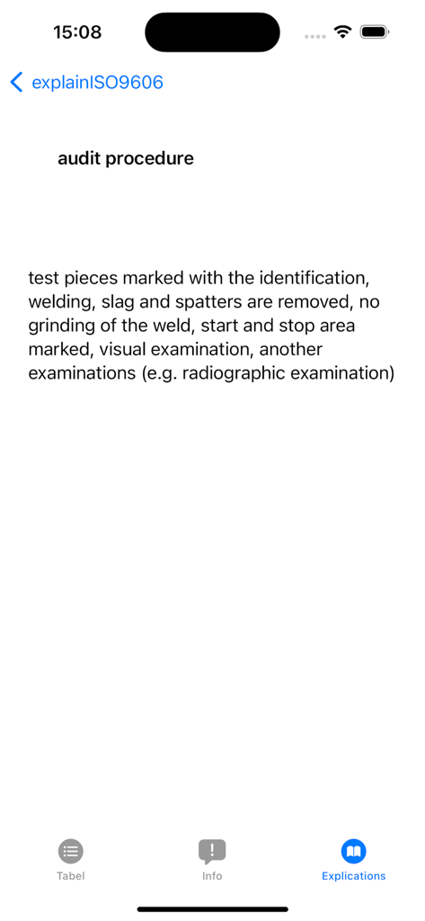 Détails de la procédure d'audit de soudage affichés sur l'interface de l'application explainISO9606.