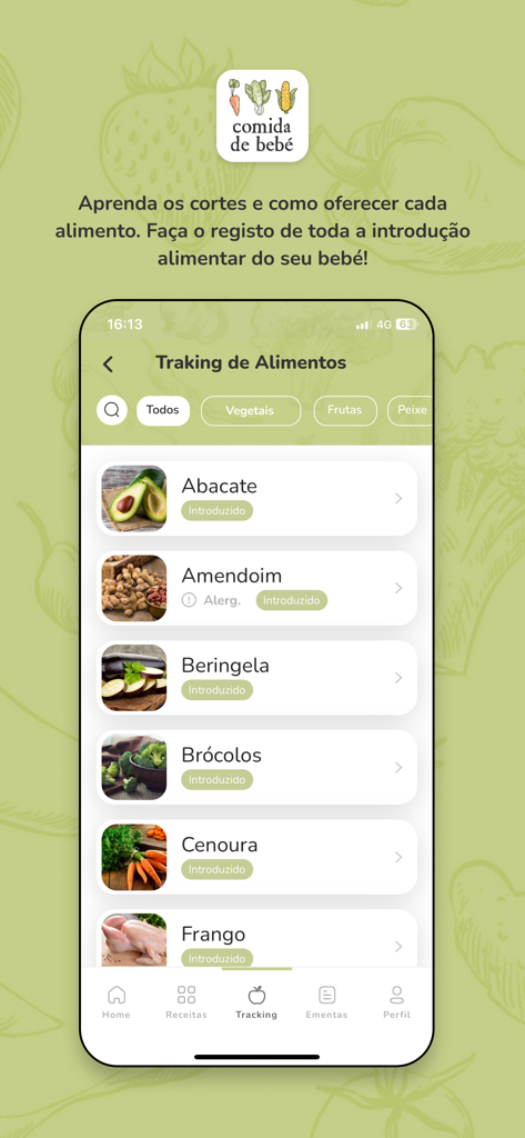 Comida de Bebé - Mobile app interface showing a list of baby food items including avocado and broccoli with tracking labels for food introduction and allergies