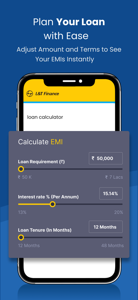 A mobile phone screen displaying a loan EMI calculator on the L&T Finance PLANET app with sliders for amount and tenure.