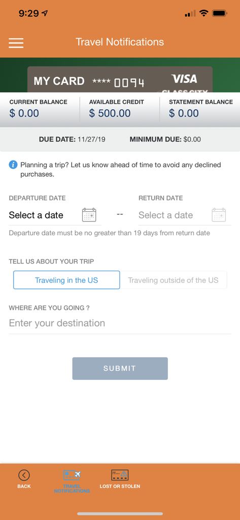 Écran des notifications de voyage dans l'application Glass City Card Controls affichant les détails de la carte de crédit et les champs de sélection des dates de voyage.