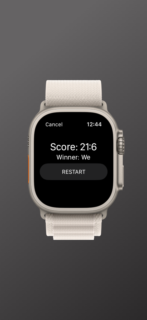 Badminton Recorder - Apple Watch screen showing badminton match results with a final score and a winner notification