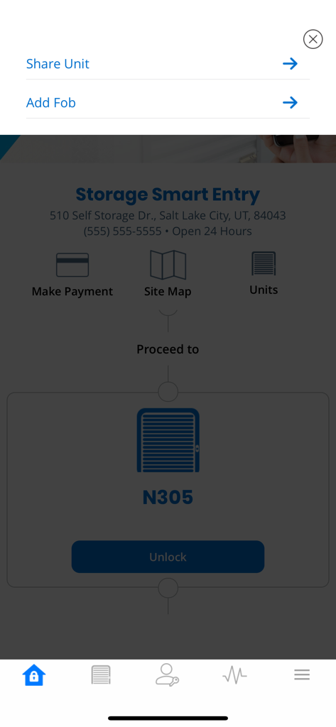 Storage Smart Entry by Nokē - Digital interface of Storage Smart Entry app displaying unit access and unlock button