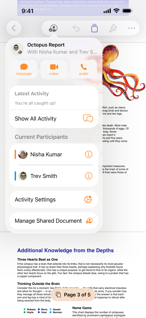 Interfaccia iPhone dell'app Pages che mostra un menu di collaborazione con partecipanti e opzioni di comunicazione sopra un documento illustrato.